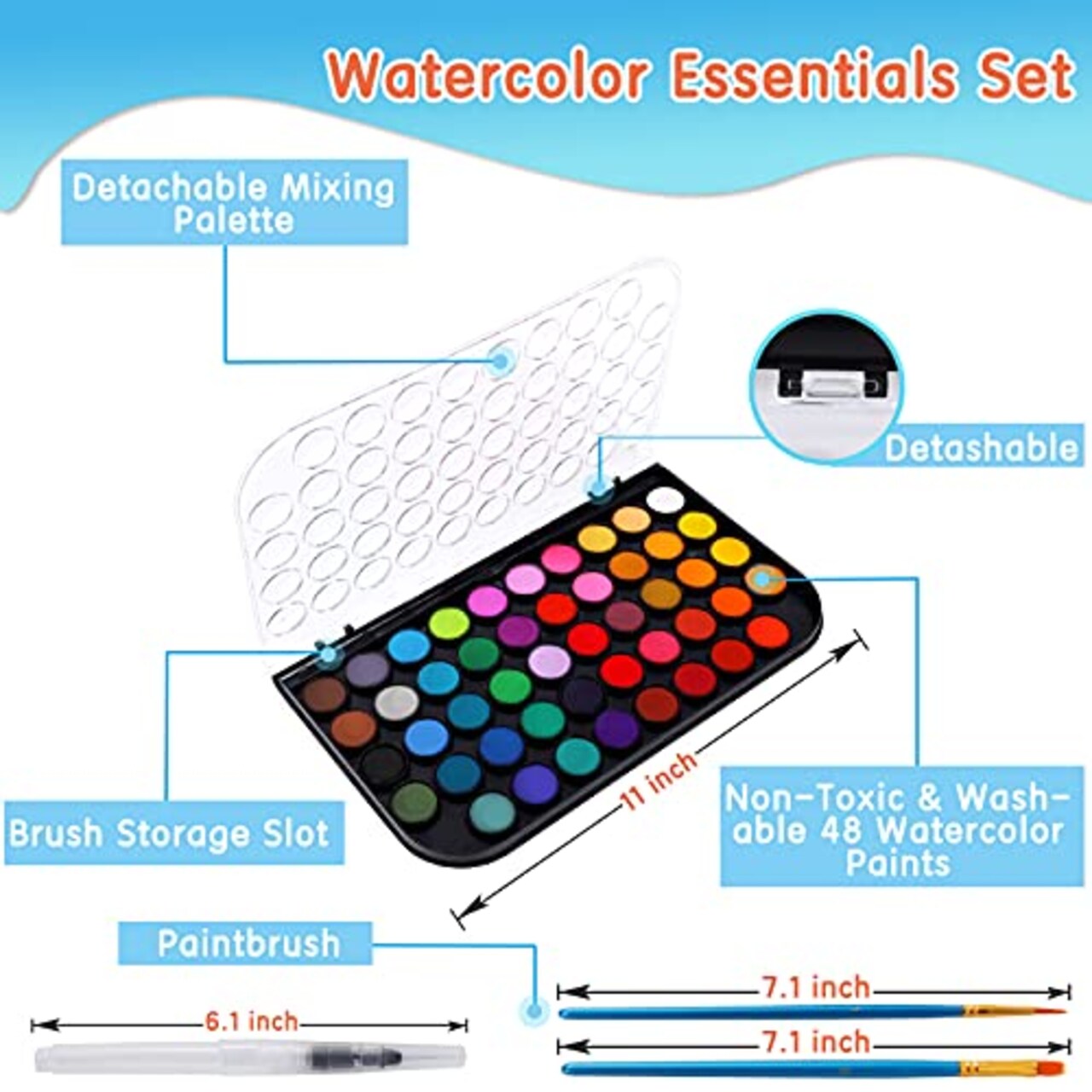 48 Colors Watercolor Paint Set, Non-toxic Watercolor Paint with a Brush Refillable a Water Brush Pen and Palette, Washable Water Color Paints Sets for Kids Adults Children Students Beginner